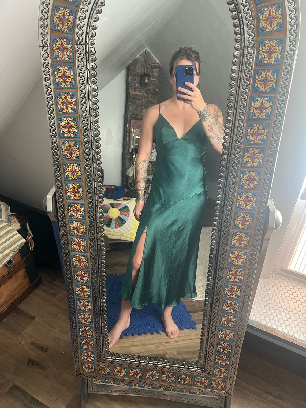 Hello Molly Satin Slip Maxi Dress in Emerald Green